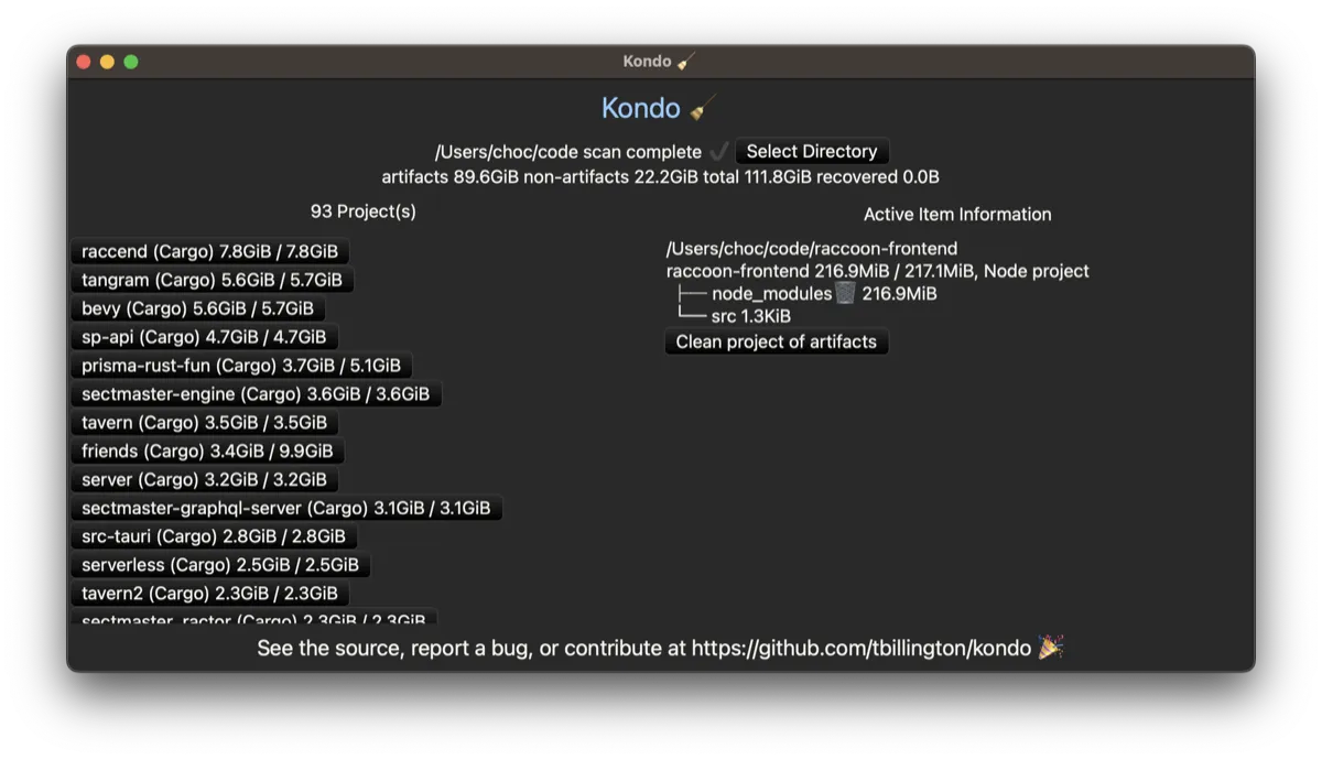 kondo listing project build directories